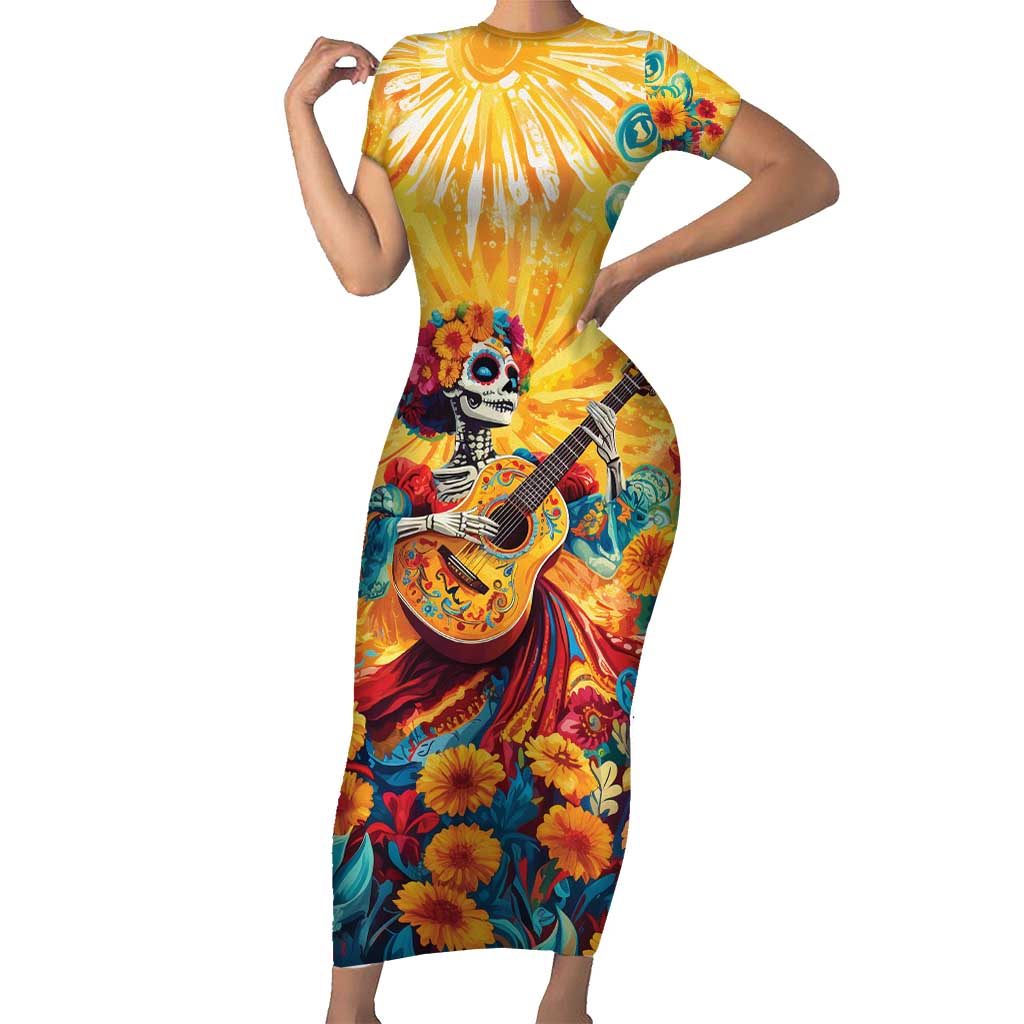 Mexico Day Of The Dead Short Sleeve Bodycon Dress Sugar Skull Girl With Guitar Colorful Vibes - Wonder Print Shop