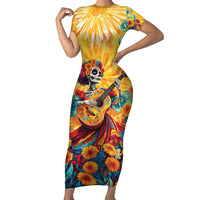 Mexico Day Of The Dead Short Sleeve Bodycon Dress Sugar Skull Girl With Guitar Colorful Vibes - Wonder Print Shop