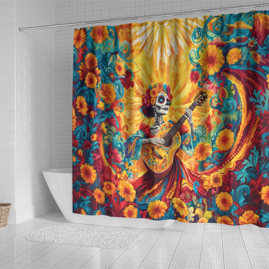 Mexico Day Of The Dead Shower Curtain Sugar Skull Girl With Guitar Colorful Vibes