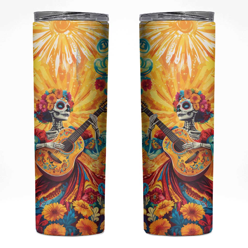 Mexico Day Of The Dead Skinny Tumbler Sugar Skull Girl With Guitar Colorful Vibes - Wonder Print Shop