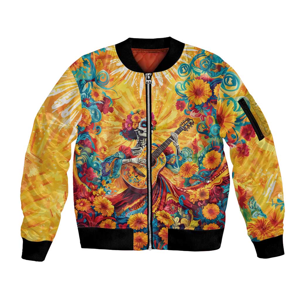 Mexico Day Of The Dead Sleeve Zip Bomber Jacket Sugar Skull Girl With Guitar Colorful Vibes - Wonder Print Shop