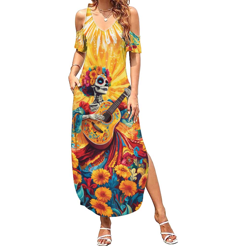 Mexico Day Of The Dead Summer Maxi Dress Sugar Skull Girl With Guitar Colorful Vibes - Wonder Print Shop