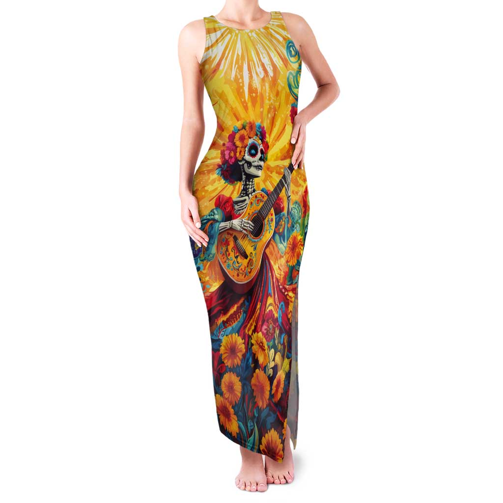 Mexico Day Of The Dead Tank Maxi Dress Sugar Skull Girl With Guitar Colorful Vibes - Wonder Print Shop
