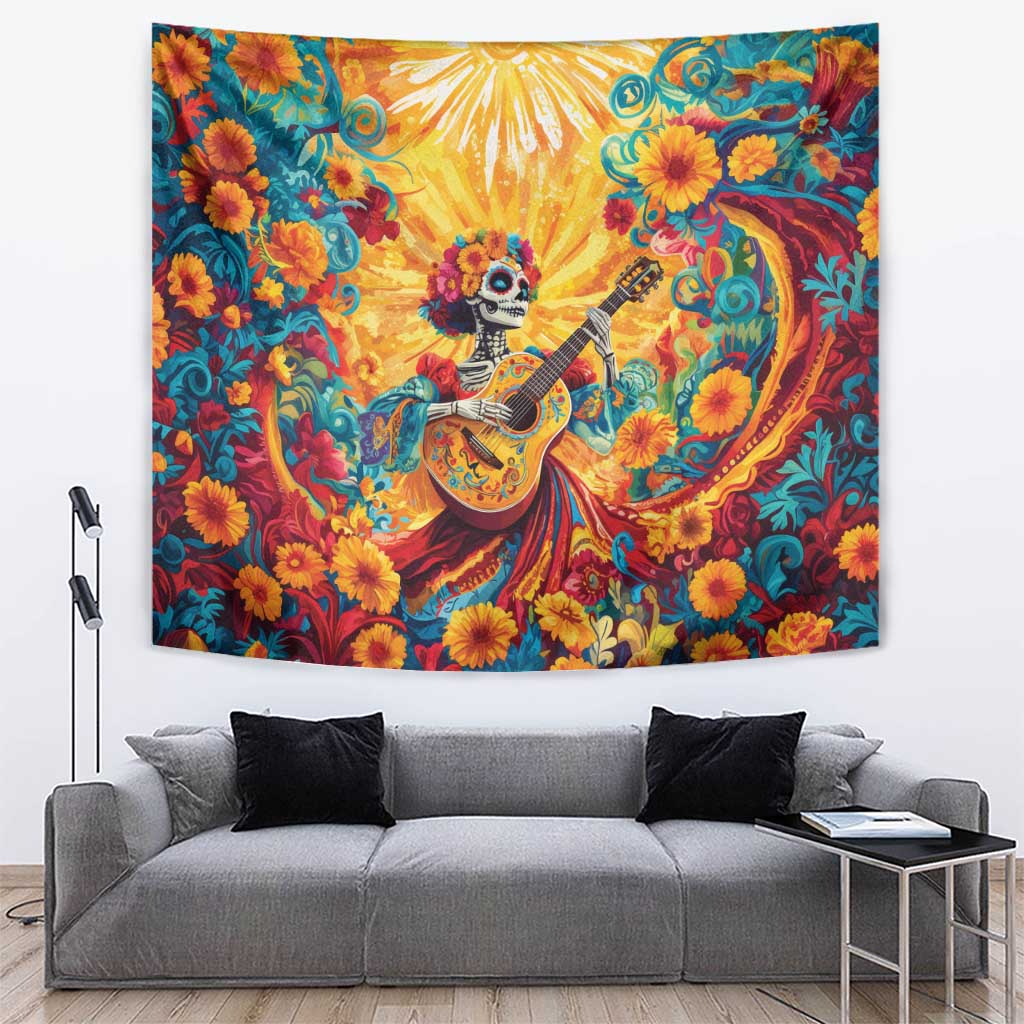 Mexico Day Of The Dead Tapestry Sugar Skull Girl With Guitar Colorful Vibes - Wonder Print Shop