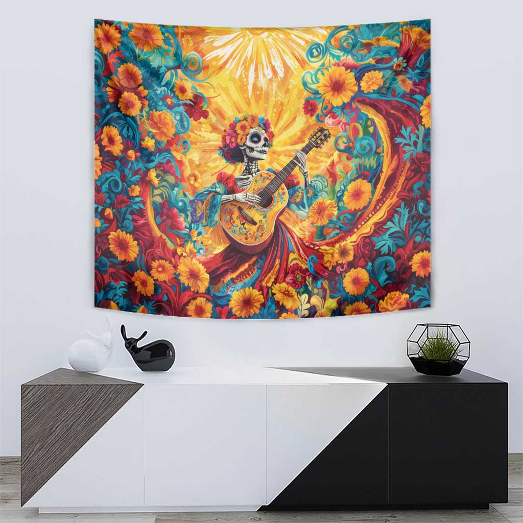 Mexico Day Of The Dead Tapestry Sugar Skull Girl With Guitar Colorful Vibes - Wonder Print Shop