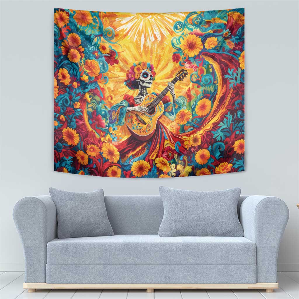 Mexico Day Of The Dead Tapestry Sugar Skull Girl With Guitar Colorful Vibes - Wonder Print Shop