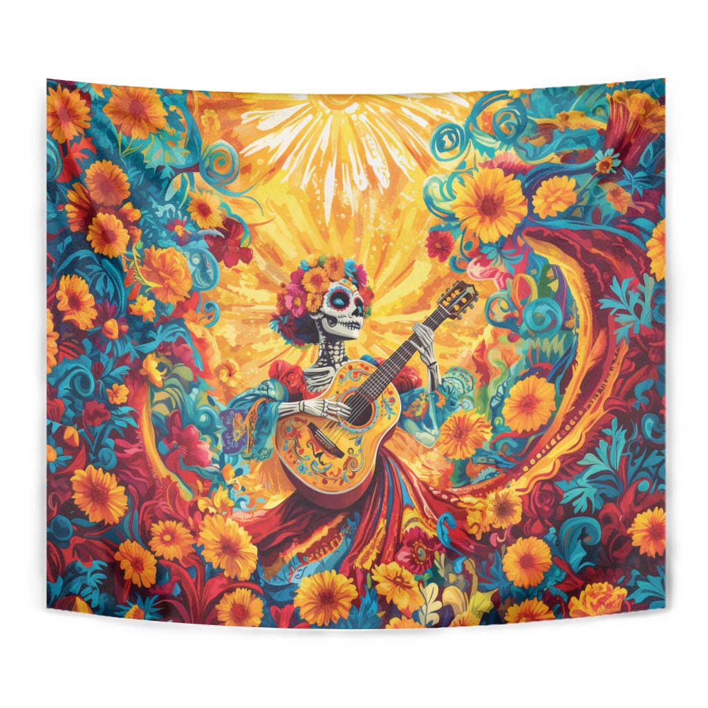 Mexico Day Of The Dead Tapestry Sugar Skull Girl With Guitar Colorful Vibes - Wonder Print Shop