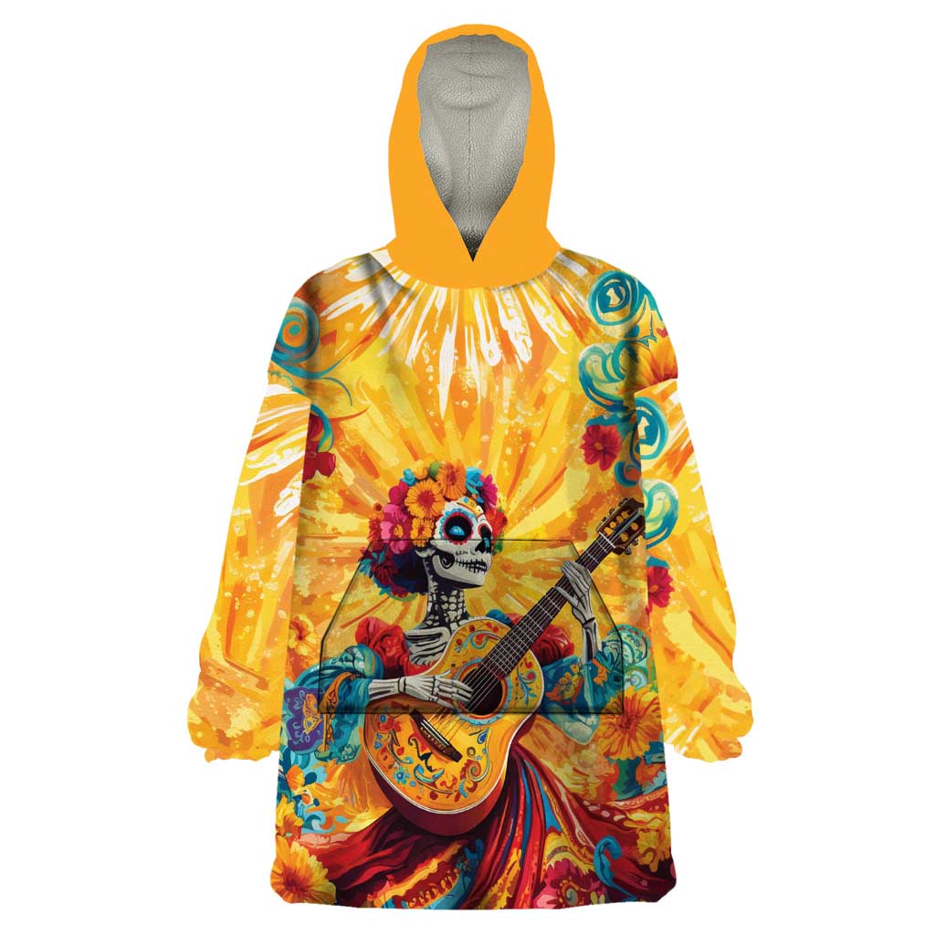 Mexico Day Of The Dead Wearable Blanket Hoodie Sugar Skull Girl With Guitar Colorful Vibes - Wonder Print Shop