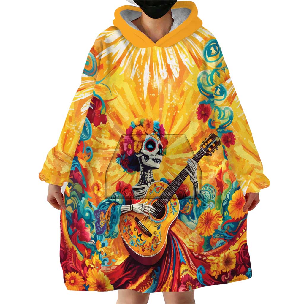 Mexico Day Of The Dead Wearable Blanket Hoodie Sugar Skull Girl With Guitar Colorful Vibes - Wonder Print Shop