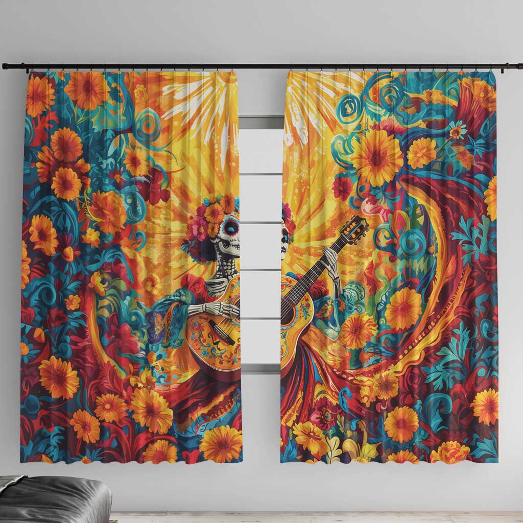 Mexico Day Of The Dead Window Curtain Sugar Skull Girl With Guitar Colorful Vibes - Wonder Print Shop