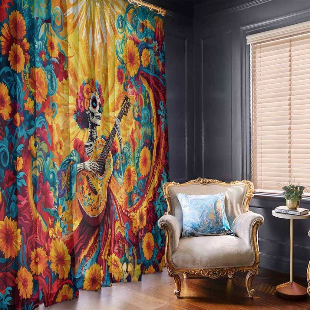 Mexico Day Of The Dead Window Curtain Sugar Skull Girl With Guitar Colorful Vibes - Wonder Print Shop