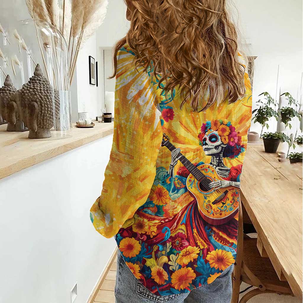 Mexico Day Of The Dead Women Casual Shirt Sugar Skull Girl With Guitar Colorful Vibes - Wonder Print Shop