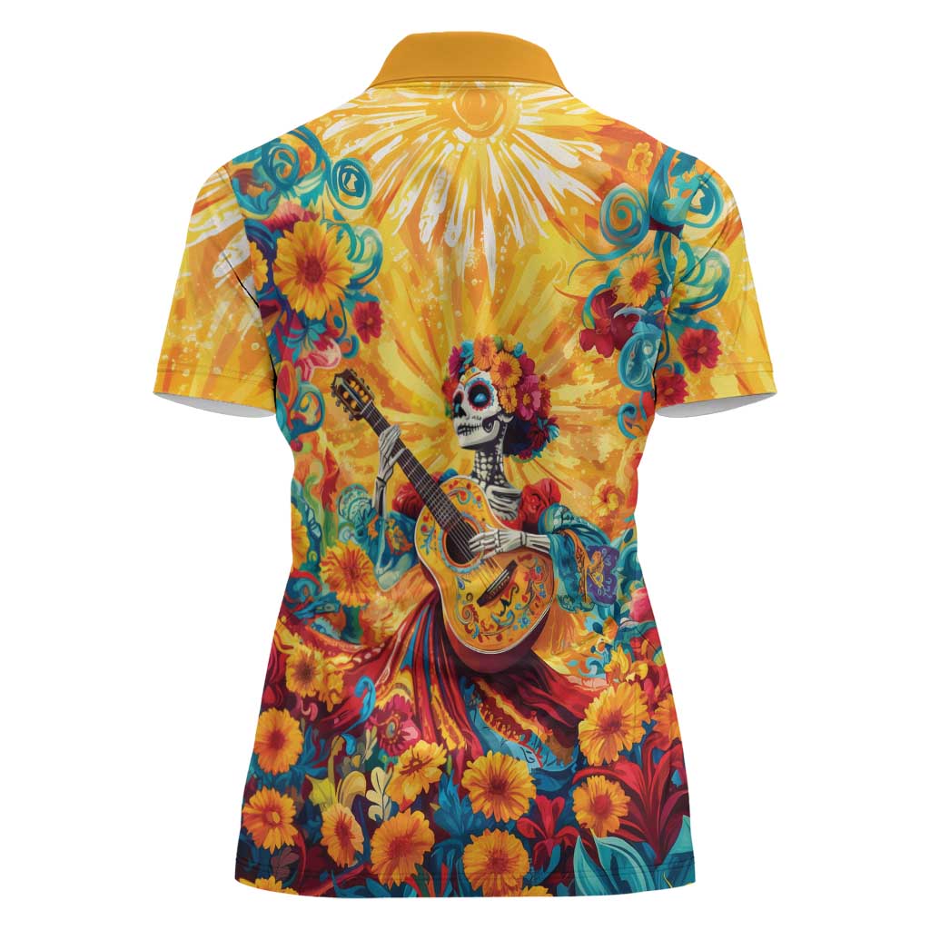 Mexico Day Of The Dead Women Polo Shirt Sugar Skull Girl With Guitar Colorful Vibes - Wonder Print Shop