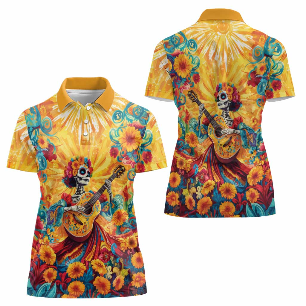 Mexico Day Of The Dead Women Polo Shirt Sugar Skull Girl With Guitar Colorful Vibes - Wonder Print Shop