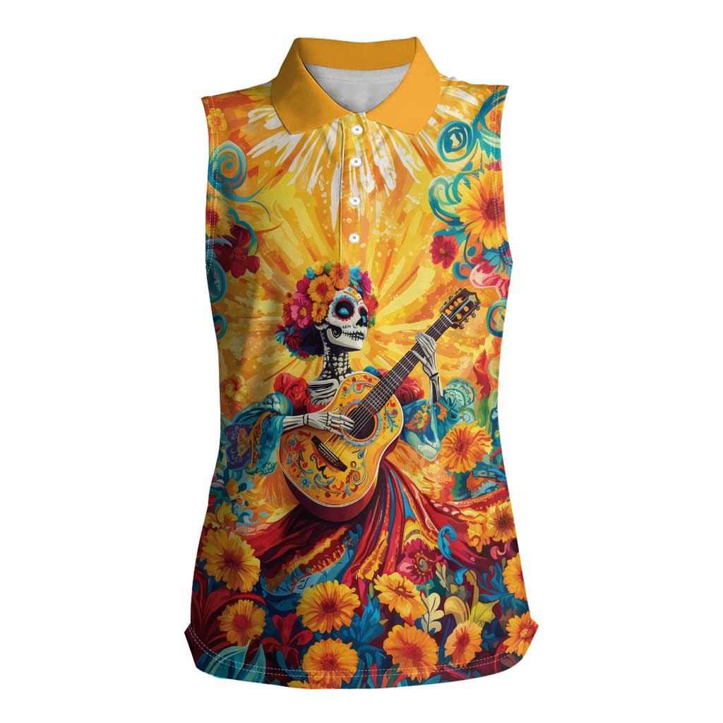 Mexico Day Of The Dead Women Sleeveless Polo Shirt Sugar Skull Girl With Guitar Colorful Vibes - Wonder Print Shop
