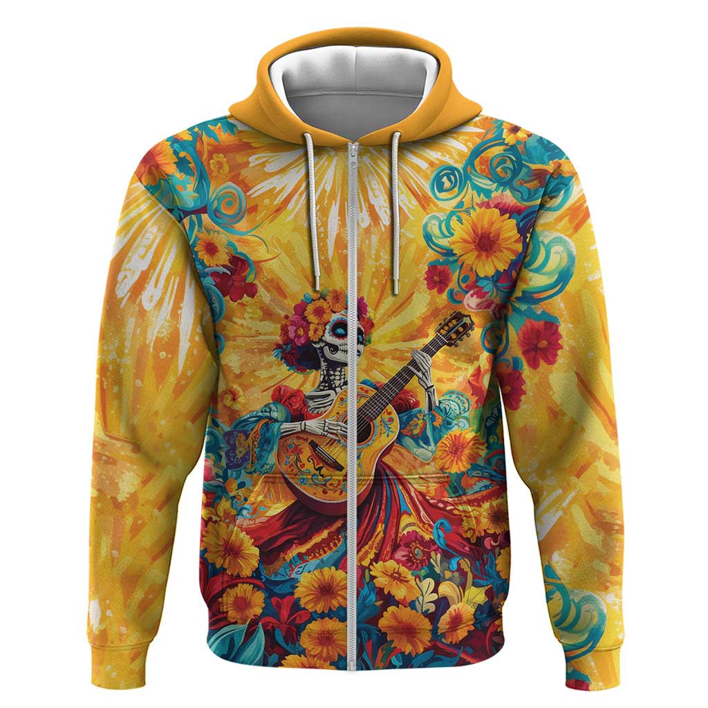 Mexico Day Of The Dead Zip Hoodie Sugar Skull Girl With Guitar Colorful Vibes - Wonder Print Shop