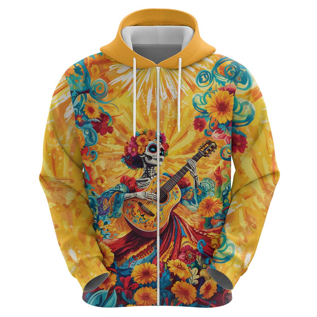 Mexico Day Of The Dead Zip Hoodie Sugar Skull Girl With Guitar Colorful Vibes - Wonder Print Shop
