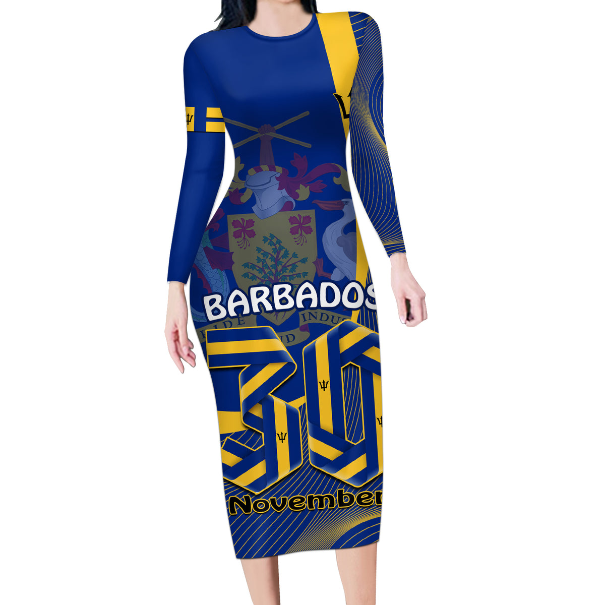 Personalised Barbados Independence Day Long Sleeve Bodycon Dress 30 November Happy Anniversary Barbadian - Wonder Print Shop