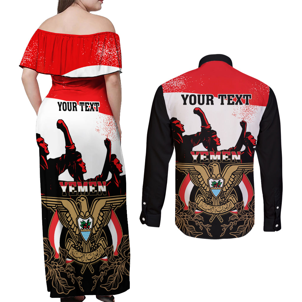Personalised Yemen Independence Day Couples Matching Off Shoulder Maxi Dress and Long Sleeve Button Shirt Yemeni Coat Of Arms With Coffea Arabica Flowers - Wonder Print Shop