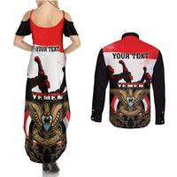Personalised Yemen Independence Day Couples Matching Summer Maxi Dress and Long Sleeve Button Shirt Yemeni Coat Of Arms With Coffea Arabica Flowers - Wonder Print Shop