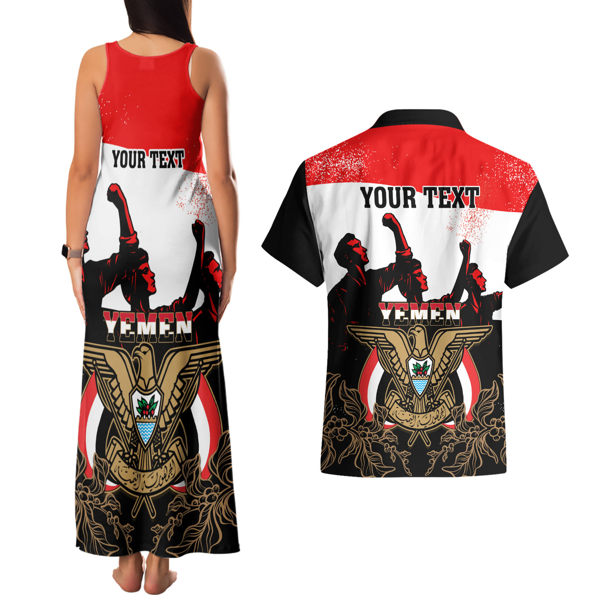 Personalised Yemen Independence Day Couples Matching Tank Maxi Dress and Hawaiian Shirt Yemeni Coat Of Arms With Coffea Arabica Flowers - Wonder Print Shop