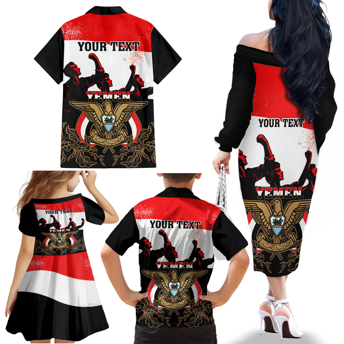 Personalised Yemen Independence Day Family Matching Off Shoulder Long Sleeve Dress and Hawaiian Shirt Yemeni Coat Of Arms With Coffea Arabica Flowers - Wonder Print Shop