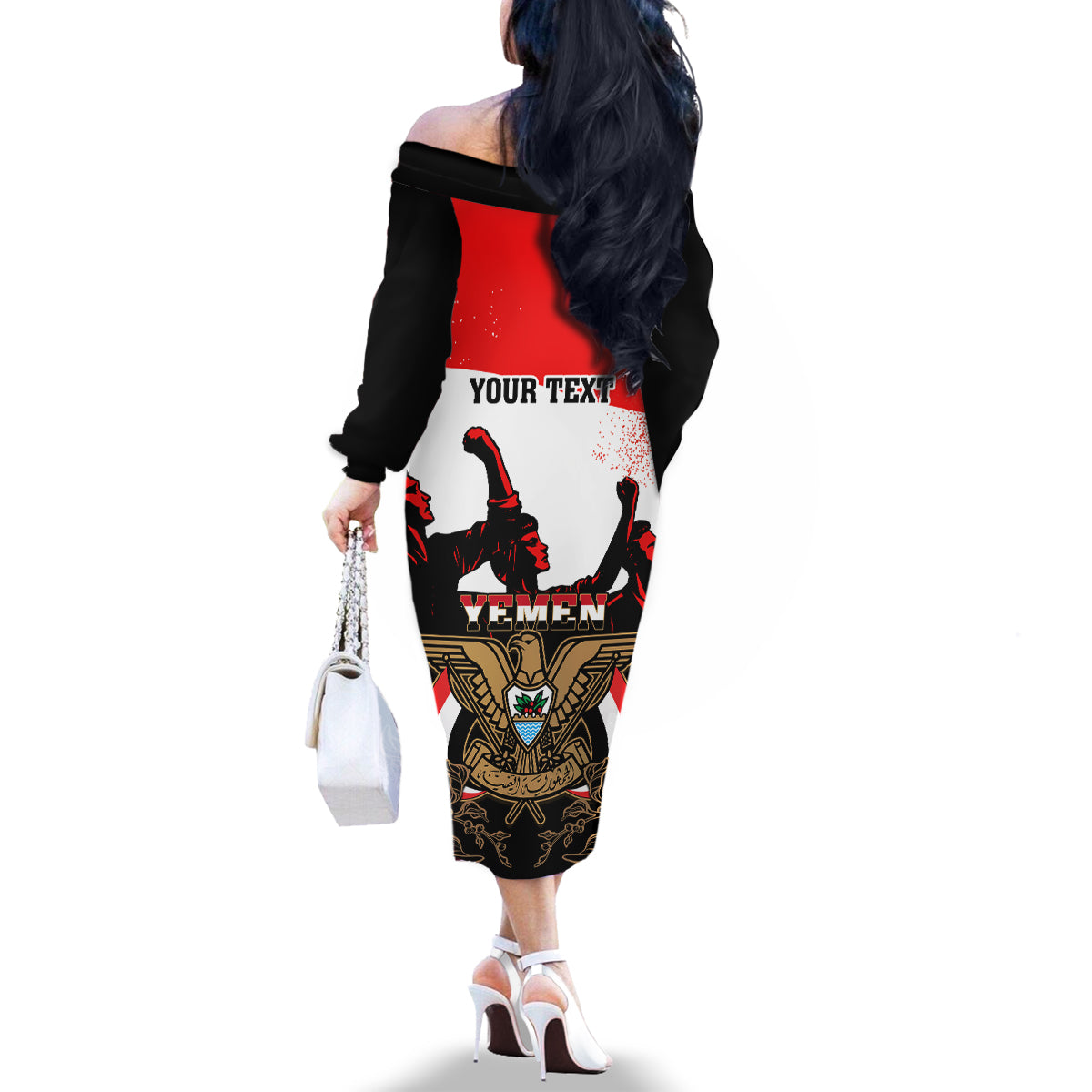 Personalised Yemen Independence Day Family Matching Off Shoulder Long Sleeve Dress and Hawaiian Shirt Yemeni Coat Of Arms With Coffea Arabica Flowers - Wonder Print Shop