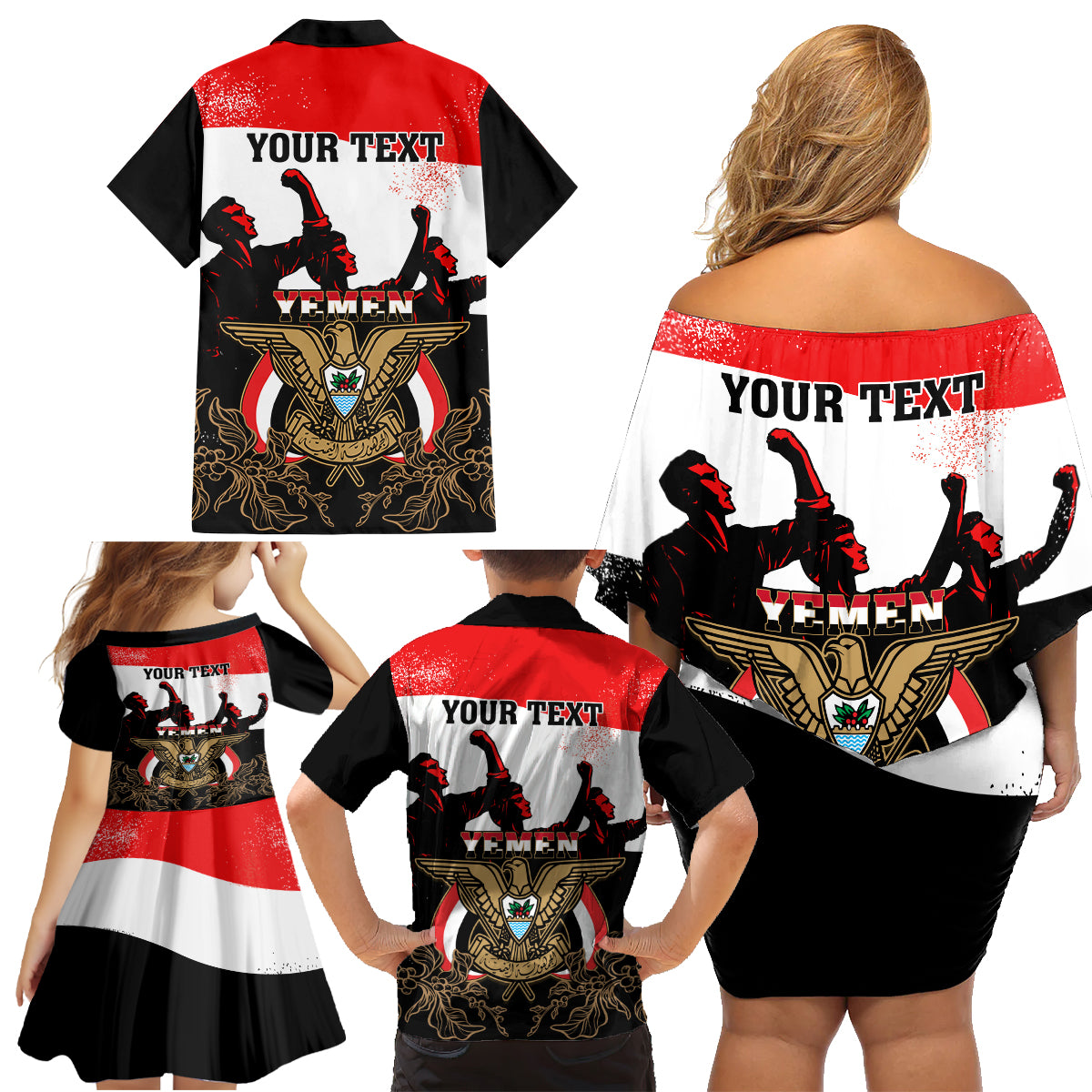 Personalised Yemen Independence Day Family Matching Off Shoulder Short Dress and Hawaiian Shirt Yemeni Coat Of Arms With Coffea Arabica Flowers - Wonder Print Shop