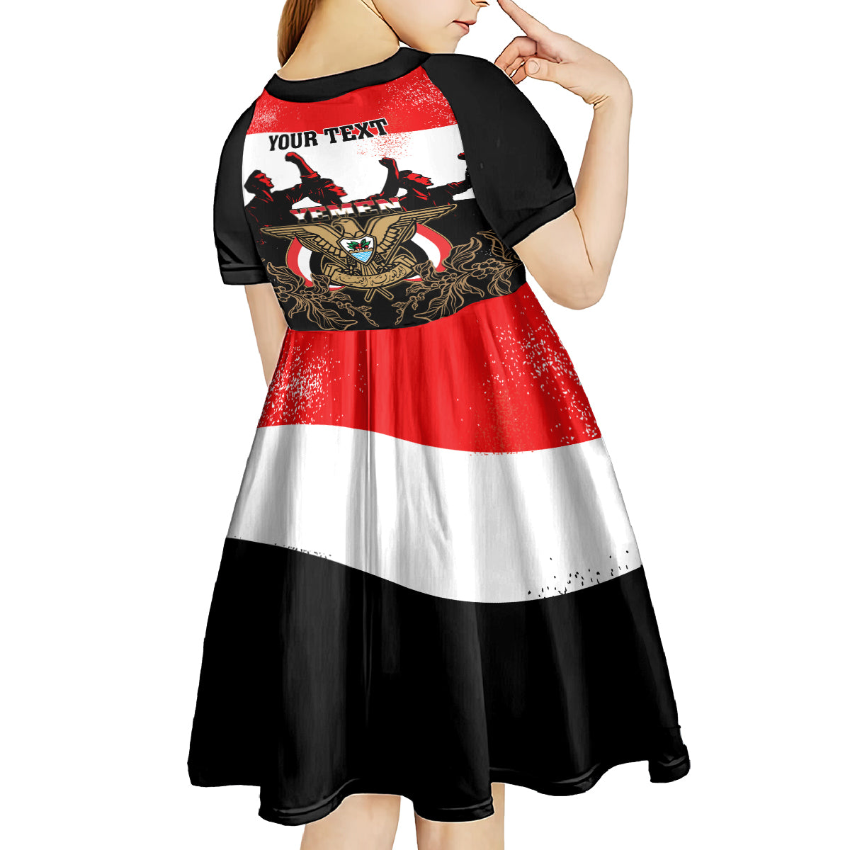 Personalised Yemen Independence Day Kid Short Sleeve Dress Yemeni Coat Of Arms With Coffea Arabica Flowers - Wonder Print Shop