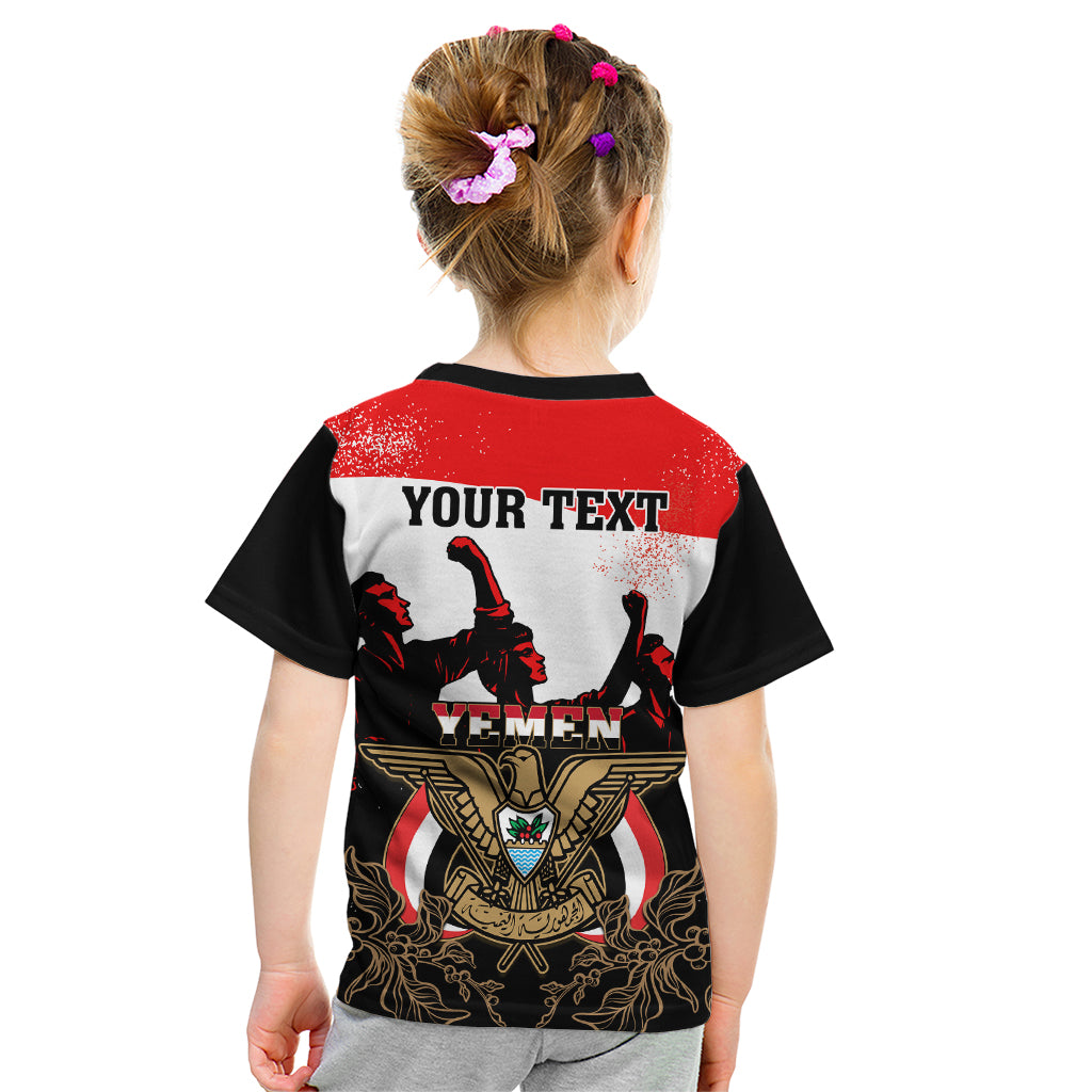 Personalised Yemen Independence Day Kid T Shirt Yemeni Coat Of Arms With Coffea Arabica Flowers - Wonder Print Shop