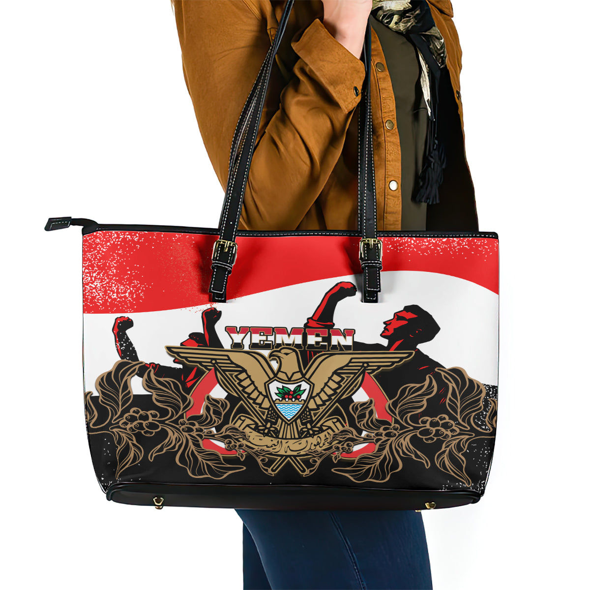 Yemen Independence Day Leather Tote Bag Yemeni Coat Of Arms With Coffea Arabica Flowers - Wonder Print Shop