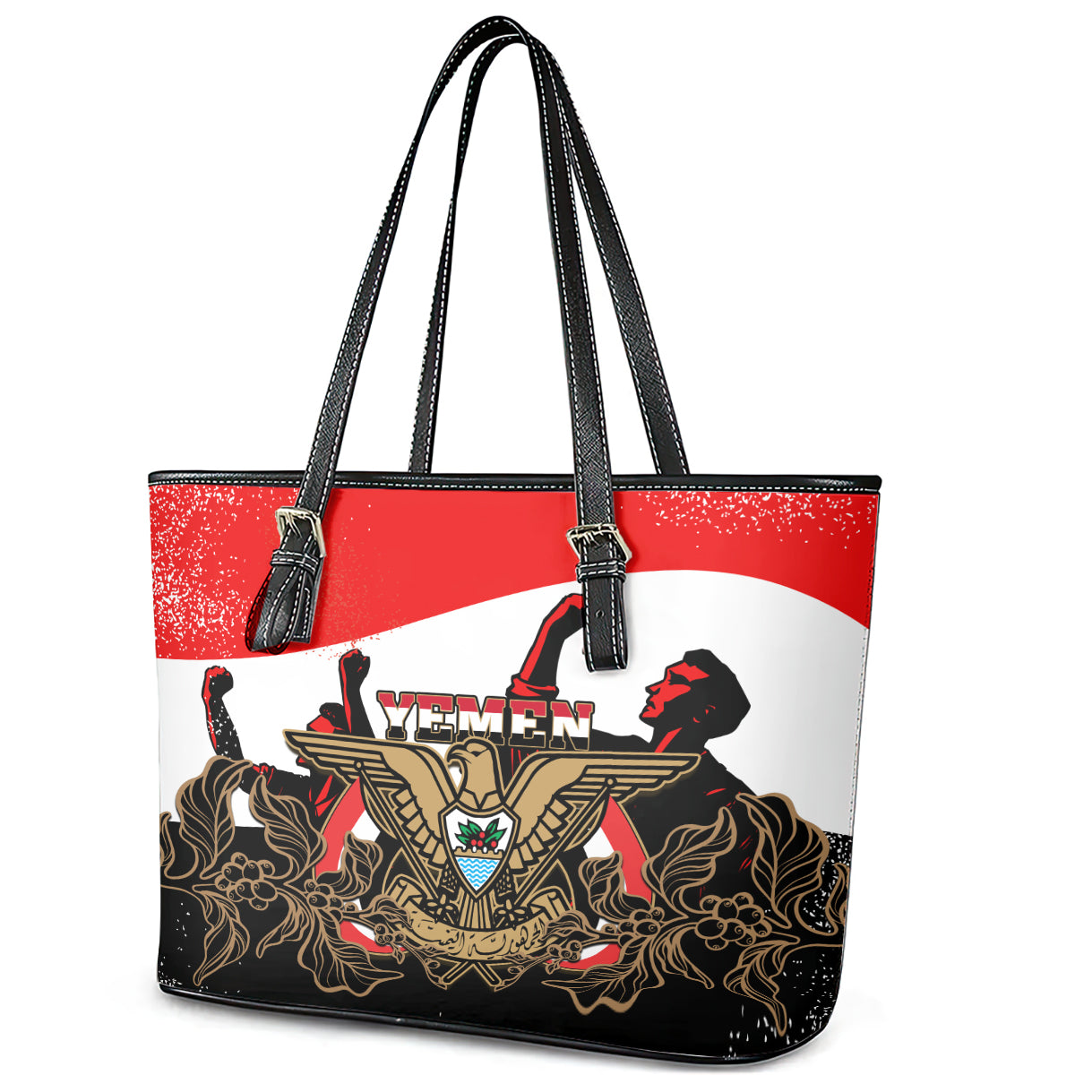 Yemen Independence Day Leather Tote Bag Yemeni Coat Of Arms With Coffea Arabica Flowers - Wonder Print Shop
