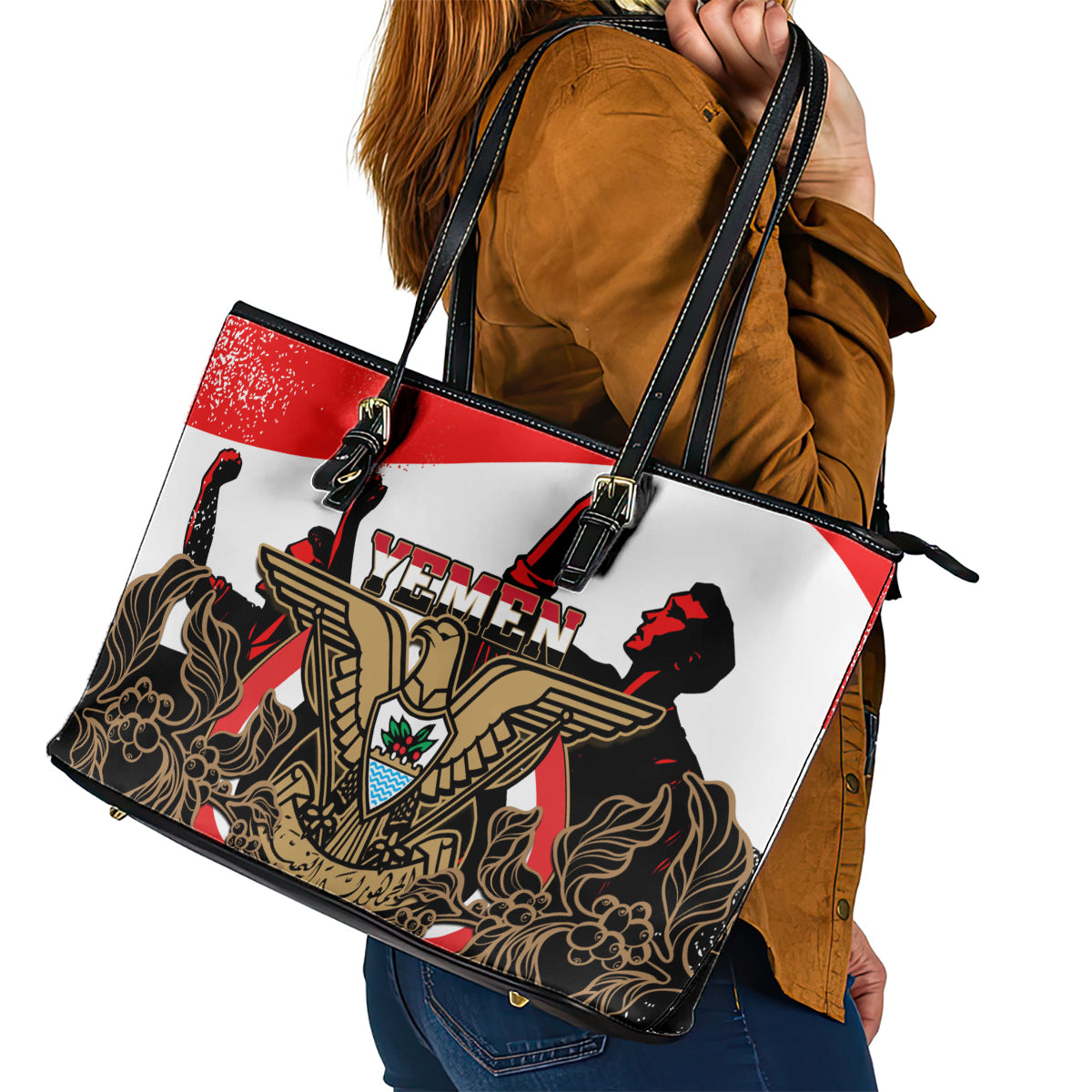 Yemen Independence Day Leather Tote Bag Yemeni Coat Of Arms With Coffea Arabica Flowers - Wonder Print Shop