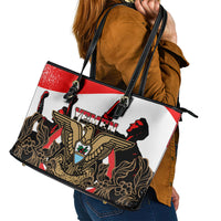 Yemen Independence Day Leather Tote Bag Yemeni Coat Of Arms With Coffea Arabica Flowers - Wonder Print Shop