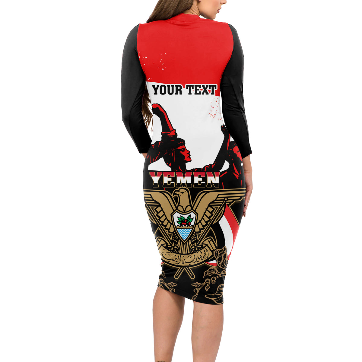 Personalised Yemen Independence Day Long Sleeve Bodycon Dress Yemeni Coat Of Arms With Coffea Arabica Flowers - Wonder Print Shop