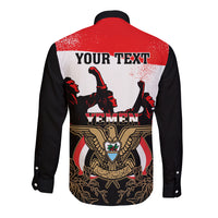 Personalised Yemen Independence Day Long Sleeve Button Shirt Yemeni Coat Of Arms With Coffea Arabica Flowers - Wonder Print Shop