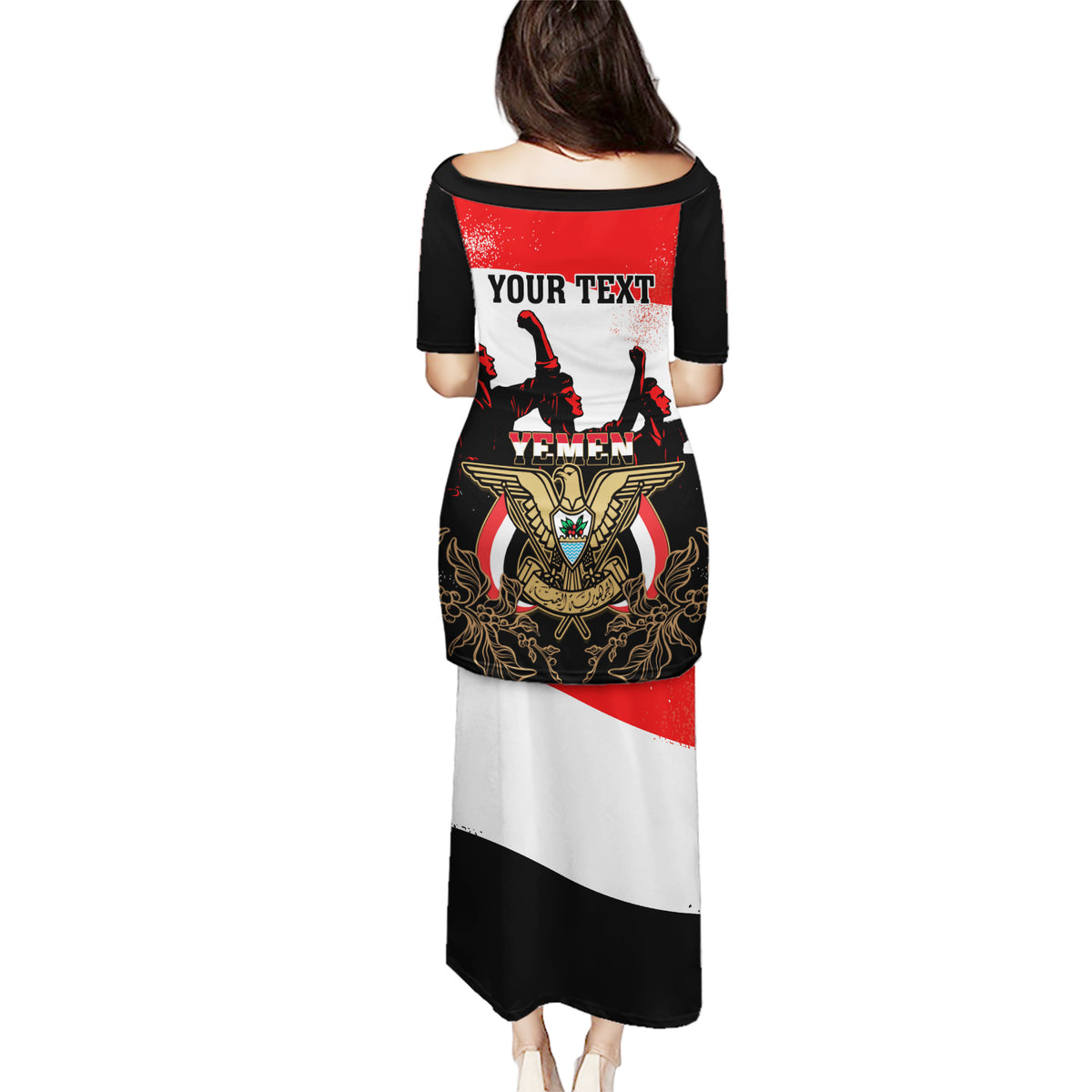 Personalised Yemen Independence Day Puletasi Yemeni Coat Of Arms With Coffea Arabica Flowers - Wonder Print Shop