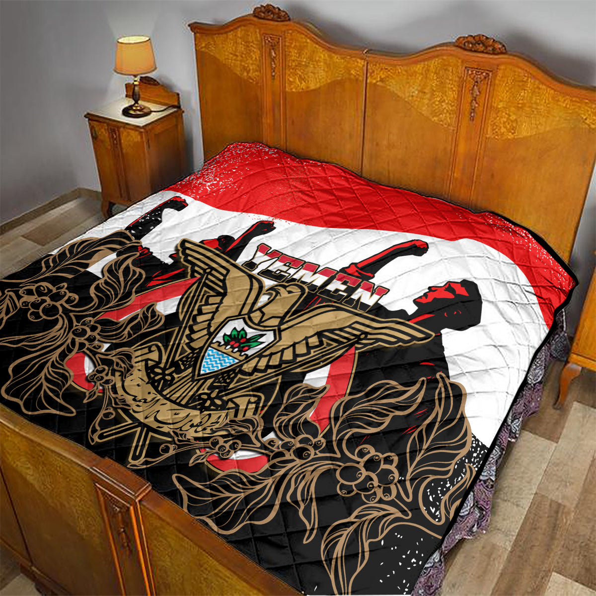 Yemen Independence Day Quilt Yemeni Coat Of Arms With Coffea Arabica Flowers - Wonder Print Shop