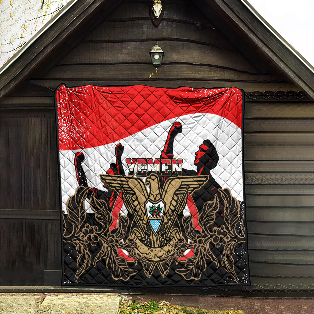 Yemen Independence Day Quilt Yemeni Coat Of Arms With Coffea Arabica Flowers - Wonder Print Shop