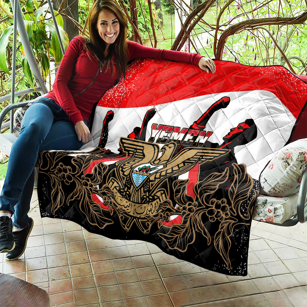Yemen Independence Day Quilt Yemeni Coat Of Arms With Coffea Arabica Flowers - Wonder Print Shop