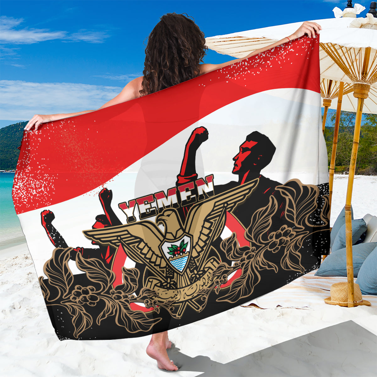 Yemen Independence Day Sarong Yemeni Coat Of Arms With Coffea Arabica Flowers - Wonder Print Shop