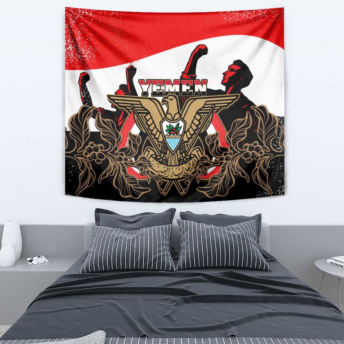Yemen Independence Day Tapestry Yemeni Coat Of Arms With Coffea Arabica Flowers - Wonder Print Shop