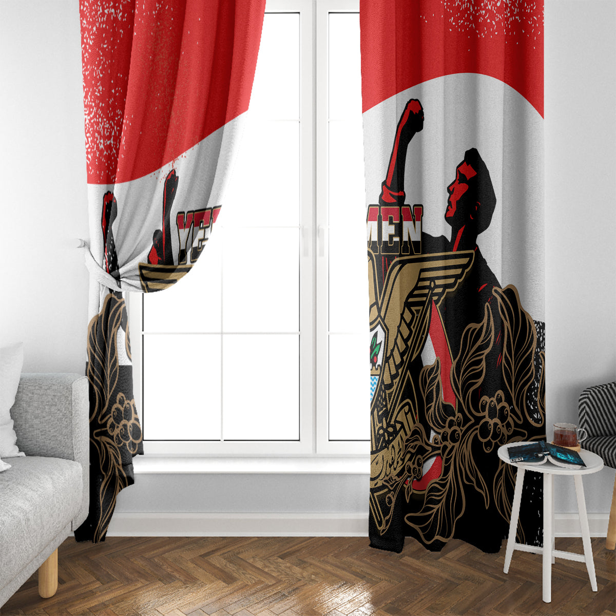 Yemen Independence Day Window Curtain Yemeni Coat Of Arms With Coffea Arabica Flowers - Wonder Print Shop