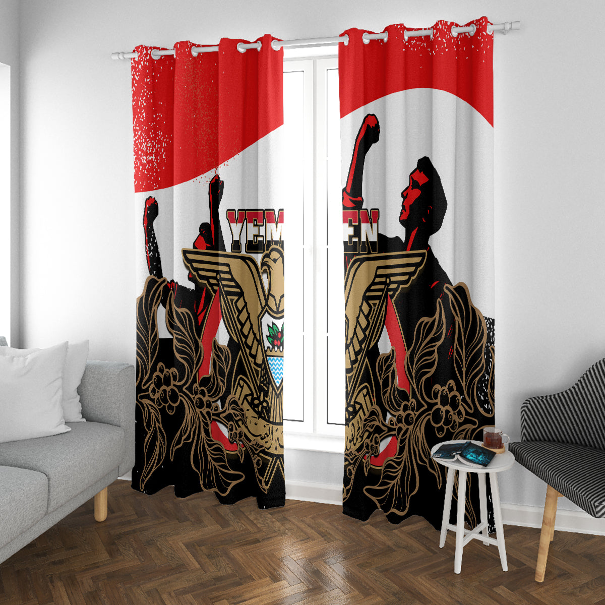 Yemen Independence Day Window Curtain Yemeni Coat Of Arms With Coffea Arabica Flowers - Wonder Print Shop