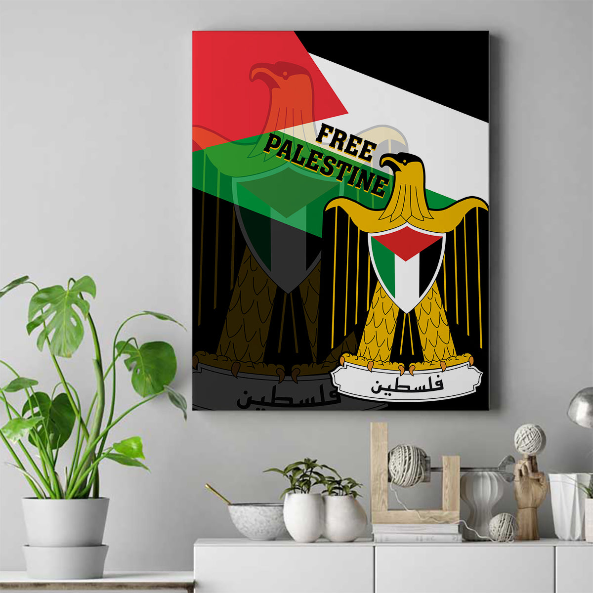 Free Palestine Canvas Wall Art Coat Of Arms Mix Flag Style - Wonder Print Shop