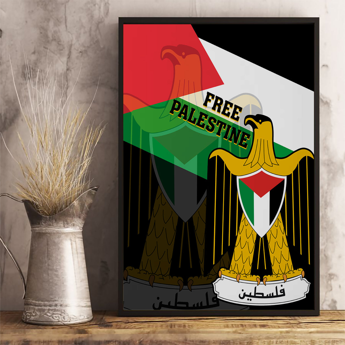 Free Palestine Canvas Wall Art Coat Of Arms Mix Flag Style - Wonder Print Shop