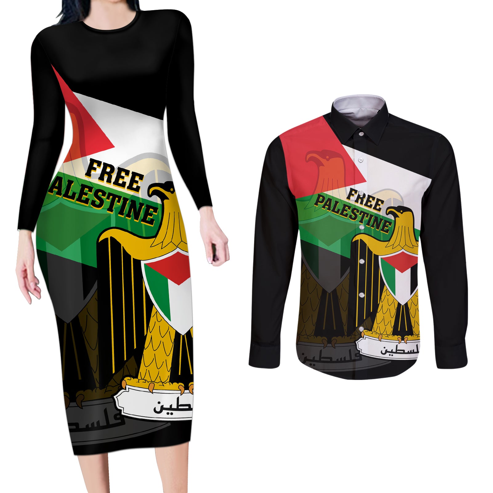 Free Palestine Couples Matching Long Sleeve Bodycon Dress and Long Sleeve Button Shirt Coat Of Arms Mix Flag Style - Wonder Print Shop