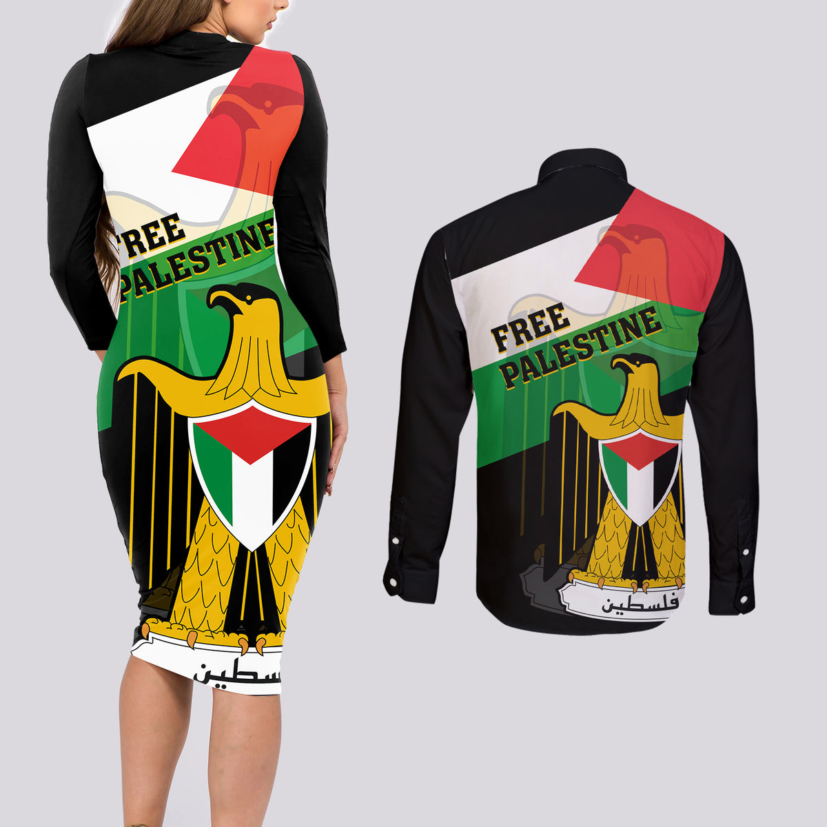 Free Palestine Couples Matching Long Sleeve Bodycon Dress and Long Sleeve Button Shirt Coat Of Arms Mix Flag Style - Wonder Print Shop