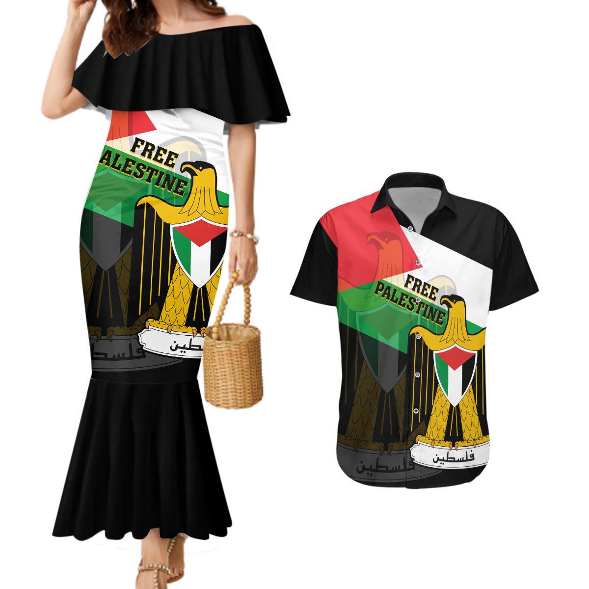 Free Palestine Couples Matching Mermaid Dress and Hawaiian Shirt Coat Of Arms Mix Flag Style - Wonder Print Shop