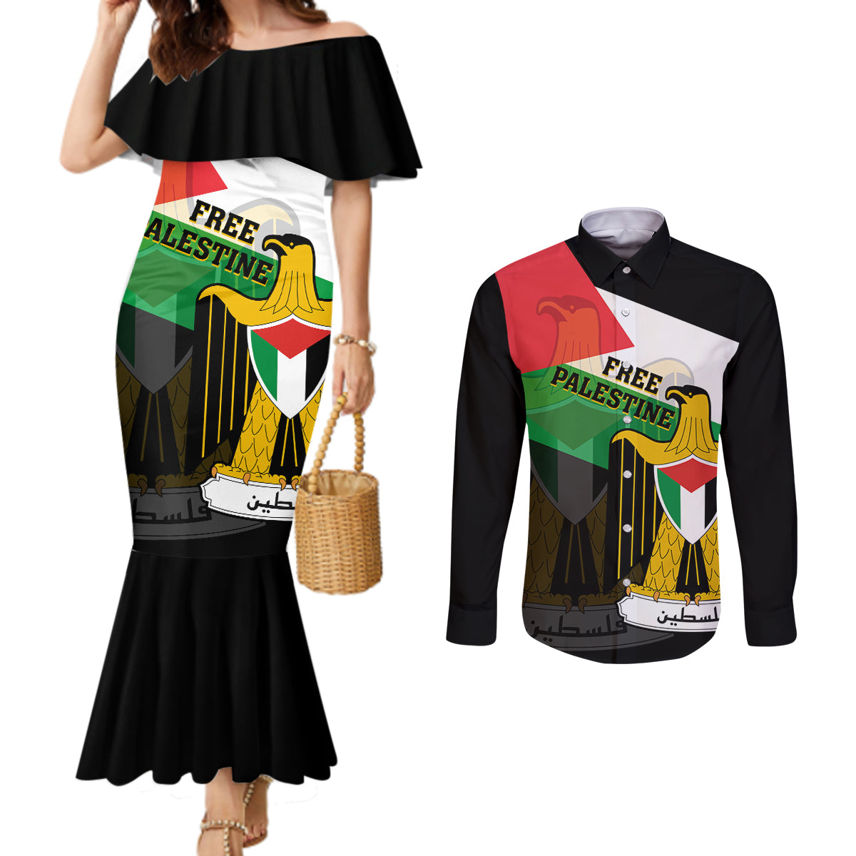 free-palestine-couples-matching-mermaid-dress-and-long-sleeve-button-shirt-coat-of-arms-mix-flag-style